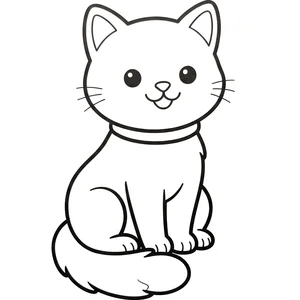 Simple sitting kitten coloring page for kids, wearing a collar, with whiskers and a fluffy tail, thick, simple outlines for toddlers and preschoolers ages 3-6