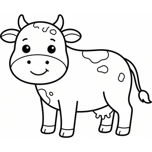 Simple standing spotted cow coloring page for kids, small horns, thick outlines, thick, simple outlines for toddlers and preschoolers ages 3-6