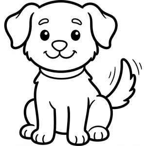 Simple sitting puppy coloring page for kids, floppy ears, wagging tail, thick outlines, thick, simple outlines for toddlers and preschoolers ages 3-6