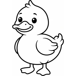 Simple standing duckling coloring page for kids, one wing raised, webbed feet, thick, simple outlines for toddlers and preschoolers ages 3-6