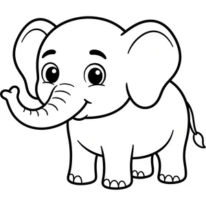 Simple standing baby elephant coloring page for kids, big ears, trunk curled up, thick, simple outlines for toddlers and preschoolers ages 3-6