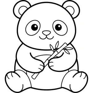 Simple panda cub coloring page for kids, sitting and eating a bamboo stalk, thick, simple outlines for toddlers and preschoolers ages 3-6