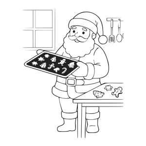 Santa baking Christmas cookies coloring page for kids, holding a tray of cutout cookies in a kitchen with a window