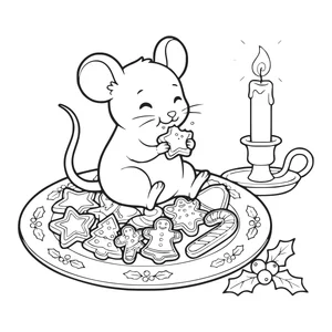 Mouse nibbling a Christmas cookie coloring page for kids, plate of cookies, candy cane, lit candle and holly