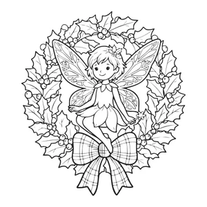 Fairy sitting on a holly wreath coloring page for kids, snowflake-patterned wings, berries and a plaid bow