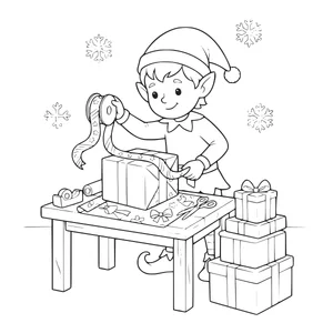 Elf wrapping a present coloring page for kids, workbench with ribbon, scissors and a stack of finished gifts