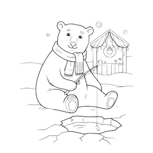 Polar bear ice fishing coloring page for kids, knitted scarf, fishing rod and a Christmas market stall