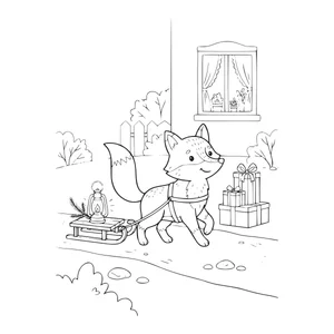 Fox pulling a sled with a lantern coloring page for kids, stacked gift boxes and a curtained cottage window