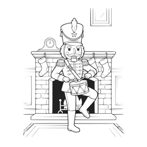 Nutcracker soldier with a drum coloring page for kids, plumed hat, brick fireplace, stockings and a mantel clock