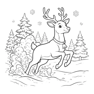 Reindeer leaping through snow coloring page for kids, bell on its collar, pine trees and snowflakes behind