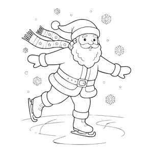 Santa Claus ice skating coloring page for kids, arms out with a star-print scarf flying behind him and snowflakes falling