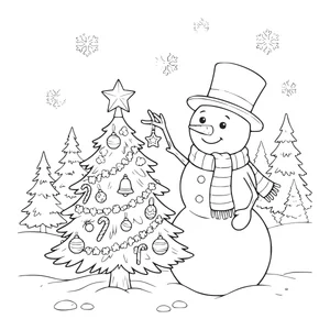 Snowman decorating a Christmas tree coloring page for kids, top hat, striped scarf and a star ornament