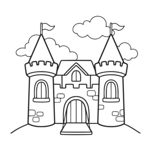Simple fairytale castle coloring page for kids, two round towers with flags and a center gate, thick, simple outlines for toddlers and preschoolers ages 3-6