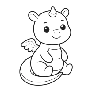 Simple baby dragon coloring page for kids, sitting pose with small folded wings and a single horn, thick, simple outlines for toddlers and preschoolers ages 3-6