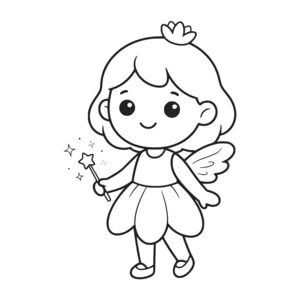 Simple fairy coloring page for kids, standing with sparkly wings and a small wand, thick, simple outlines for toddlers and preschoolers ages 3-6