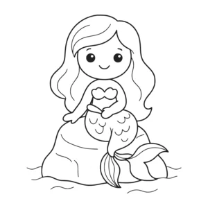 Simple mermaid coloring page for kids, sitting on a rock with long flowing hair and a curved tail fin, thick, simple outlines for toddlers and preschoolers ages 3-6