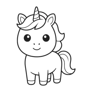 Simple baby unicorn coloring page for kids, sitting pose with a spiral horn and a curled tail, thick, simple outlines for toddlers and preschoolers ages 3-6