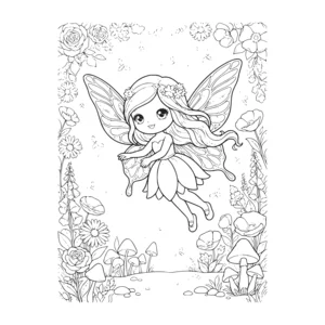 Fairy coloring page for kids, flying between flowers and sprinkling sparkling fairy dust, intricate detail and background for older kids ages 9 and up