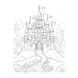 Castle coloring page for kids, flags waving atop every tower, framed by tall trees and a winding path, intricate detail and background for older kids ages 9 and up