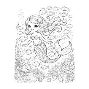 Mermaid coloring page for kids, swimming with a school of fish through coral and seaweed, intricate detail and background for older kids ages 9 and up