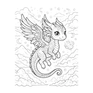 Dragon coloring page for kids, flying through clouds and stars, breathing a small puff of sparkles, intricate detail and background for older kids ages 9 and up