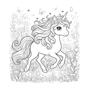 Unicorn coloring page for kids, galloping through a flower field wearing a flower crown, decorated mane and tail, intricate detail and background for older kids ages 9 and up