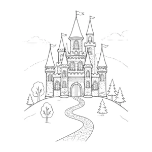 Castle coloring page for kids, brick towers atop a hill with a winding path and trees, moderate detail for kids ages 6-9