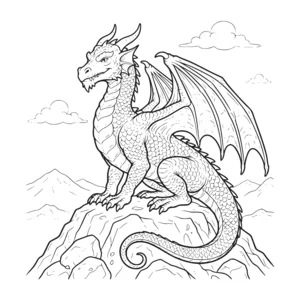 Dragon coloring page for kids, perched on a rocky mountain peak with wings spread, moderate detail for kids ages 6-9