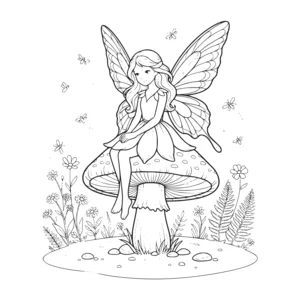Fairy coloring page for kids, sitting on a spotted mushroom in a forest clearing with fireflies, moderate detail for kids ages 6-9