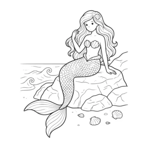 Mermaid coloring page for kids, sitting on a shoreline rock with a shell hair clip and scattered seashells, moderate detail for kids ages 6-9