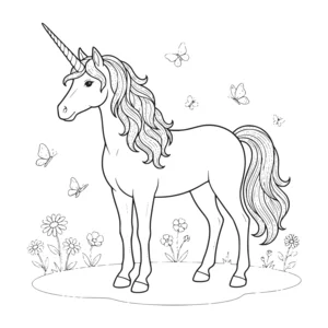 Unicorn coloring page for kids, standing in a flower meadow surrounded by butterflies, moderate detail for kids ages 6-9