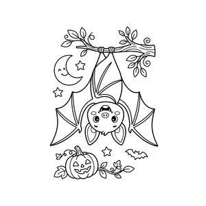 Simple bat coloring page for kids, hanging upside down from a branch under the moon, thick, simple outlines for toddlers and preschoolers ages 3-6