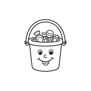 Simple trick-or-treat bucket coloring page for kids, smiling and filled with candy, thick, simple outlines for toddlers and preschoolers ages 3-6
