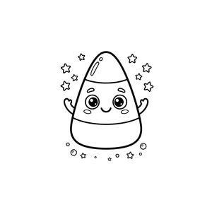 Simple candy corn coloring page for kids, smiling with open arms and stars nearby, thick, simple outlines for toddlers and preschoolers ages 3-6