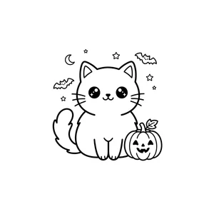Simple Halloween cat coloring page for kids, sitting beside a jack-o-lantern, thick, simple outlines for toddlers and preschoolers ages 3-6
