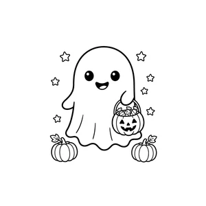 Simple ghost coloring page for kids, holding a jack-o-lantern bucket of candy, thick, simple outlines for toddlers and preschoolers ages 3-6