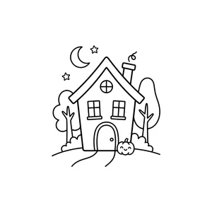 Simple haunted house coloring page for kids, with a smiling pumpkin out front under the moon, thick, simple outlines for toddlers and preschoolers ages 3-6