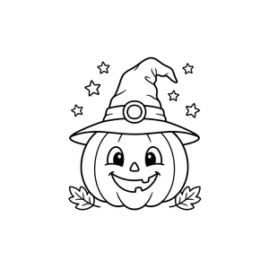 Simple jack-o-lantern coloring page for kids, with a curled stem and leaves, thick, simple outlines for toddlers and preschoolers ages 3-6