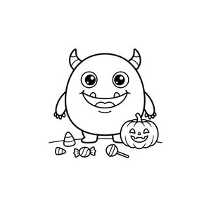 Simple horned monster coloring page for kids, smiling next to a jack-o-lantern and candy, thick, simple outlines for toddlers and preschoolers ages 3-6