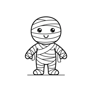 Simple mummy coloring page for kids, wrapped head to toe in bandages and smiling, thick, simple outlines for toddlers and preschoolers ages 3-6