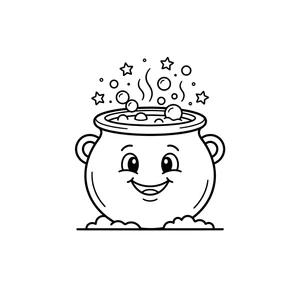 Simple smiling cauldron coloring page for kids, bubbling over with magic potion, thick, simple outlines for toddlers and preschoolers ages 3-6