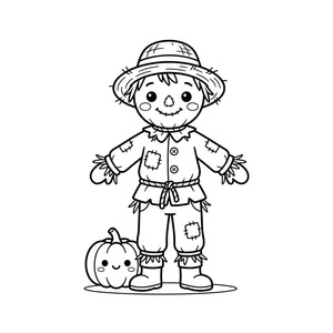Simple scarecrow coloring page for kids, in a patched jacket and straw hat beside a pumpkin, thick, simple outlines for toddlers and preschoolers ages 3-6
