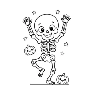 Simple dancing skeleton coloring page for kids, arms raised in the air, thick, simple outlines for toddlers and preschoolers ages 3-6