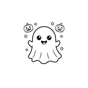 Simple smiling ghost coloring page for kids, floating between two pumpkins, thick, simple outlines for toddlers and preschoolers ages 3-6