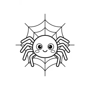Simple smiling spider coloring page for kids, hanging in the middle of its own web, thick, simple outlines for toddlers and preschoolers ages 3-6