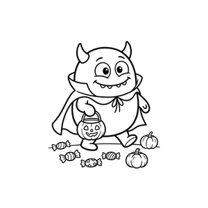 Simple vampire coloring page for kids, holding a jack-o-lantern bucket of candy, thick, simple outlines for toddlers and preschoolers ages 3-6