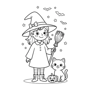 Simple witch girl coloring page for kids, walking her black cat with bats overhead, thick, simple outlines for toddlers and preschoolers ages 3-6