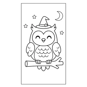 Simple owl coloring page for kids, wearing a pointed witch hat on a branch at night, thick, simple outlines for toddlers and preschoolers ages 3-6