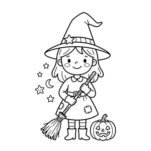 Simple witch coloring page for kids, holding a broom beside a jack-o-lantern, thick, simple outlines for toddlers and preschoolers ages 3-6