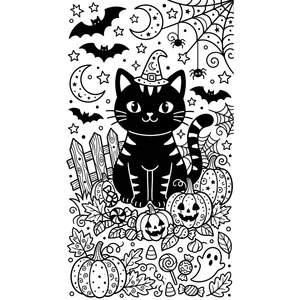Detailed Halloween coloring page for kids, a black cat in a witch hat sitting among pumpkins and candy, intricate detail and background for older kids ages 9 and up